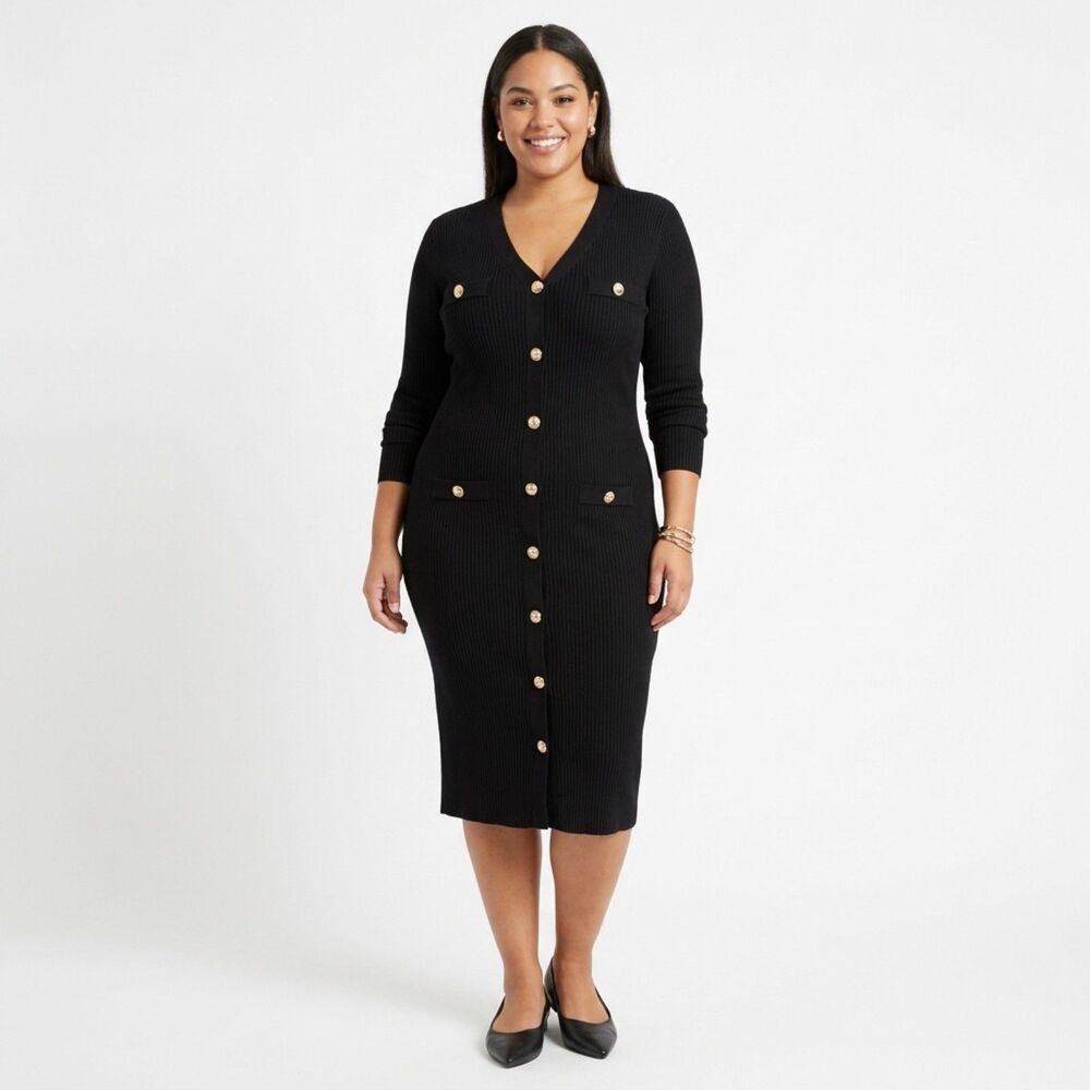 Fashion Nova Black Button Front Midi Dress XL Office Siren Quiet Luxury NWT
